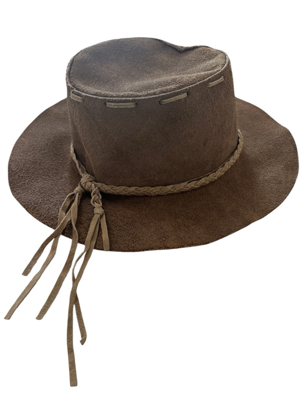 Brown Suede leather Wide-Brim Braided Band Hat